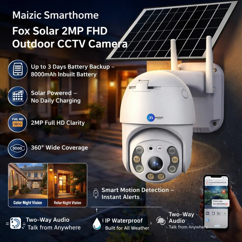 Maizic Smarthome Fox Solar 2MP FHD WiFi Outdoor CCTV Camera | 360° View | 8000 mAh Inbuilt Battery | Color Night Vision | Motion Detection | Two-Way Audio | Waterproof | SD Card Support (Up to 128GB)
