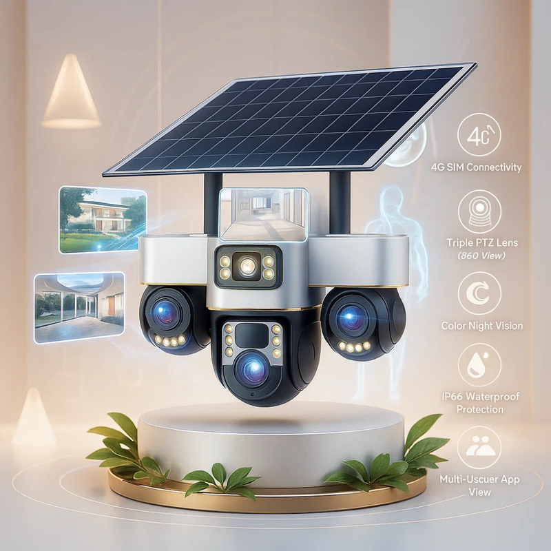 Maizic Smarthome TRIGENIE 4G Solar 6MP×3 FHD 3 Lens/3 Screen AI Triple PTZ Outdoor CCTV Camera | 360° View | Color Night Vision | Human Detection | 2-Way Audio | IP66 Waterproof | Multi User View