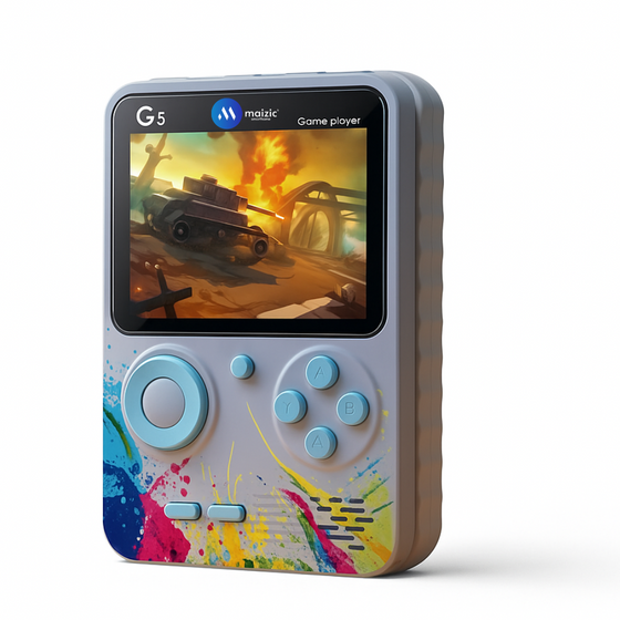 Maizic Smarthome G5 Purple Handheld Game Console with 500 built-in games, 3-inch screen, and rechargeable battery. Compact, fun, and perfect for kids' gifts and on-the-go gaming.