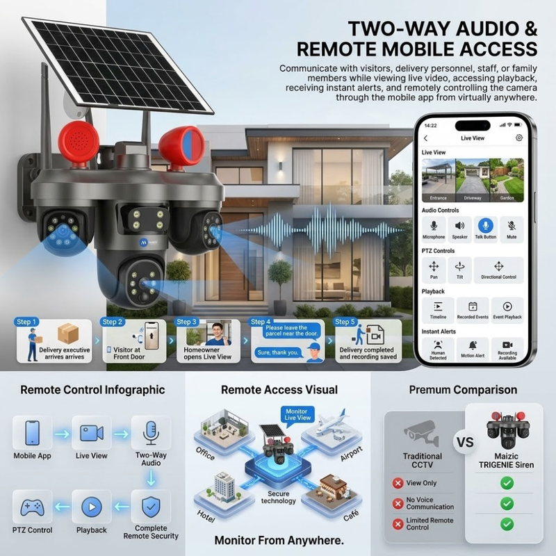 Maizic Smarthome TRIGENIE Siren 4G Solar Outdoor Security Camera | 15MP Triple Lens (5MP×3), Triple Screen Live View, 360° AI PTZ, Active Siren, Color Night Vision, Human Detection, Two-Way Audio, IP66