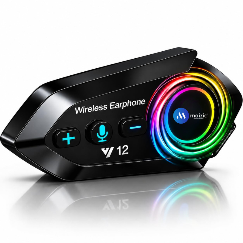 Maizic Smarthome Y12 Helmet Bluetooth Headset with HD Calling, 360° Surround Sound, Bluetooth 5.4, Noise Cancellation, IP67 Waterproof, Voice Assistant & Siri Support, Universal Helmet Compatibility