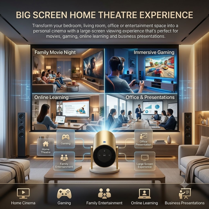 Maizic Smarthome Golden 2X Smart Projector | Android 13.0 OS | 950S High-Performance Chip | Native 800P HD | 1080P & 4K Supported | Auto Focus, 4D Keystone | Netflix, Prime Video, WiFi, Bluetooth & Screen Mirroring