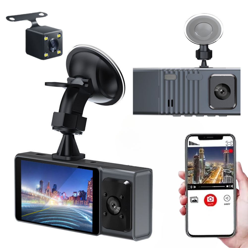 Maizic Smarthome Navic TriX WiFi 3-Channel Dash Cam | 1080P HD | 3" Display | Front+Rear+Cabin | 170° Wide Angle | Motion Detection | Loop Recording | Parking Mode | G-Sensor | App & SD Card Support
