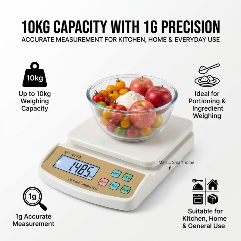 Maizic Smarthome SF-400A Digital Kitchen Weighing Scale 10kg x 1g | High-Precision Electronic Weight Machine with LCD Display, Tare & PCS Counting, Adapter Support | Ideal for Kitchen, Home, Office & Laboratory