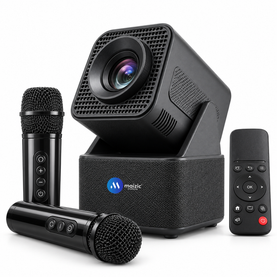 Maizic Smarthome Karaoke CineCast Smart Projector with 2 Wireless Karaoke Mics, Powerful 20W Stereo Speakers, 150-Inch Big Screen, 85° Adjustable Projection, 1080P & 4K Video Support, WiFi, Bluetooth, Android OTT Apps, Cricket Commentary & Home Cinema