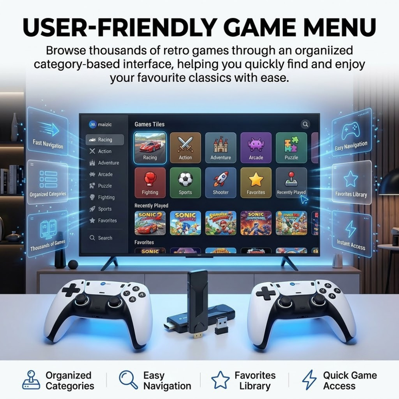 Maizic Smarthome GS5 Pro 4K Retro Gaming Stick | 30000+ Built-in Games | 53 Emulators | Wireless Plug & Play HDMI Console | Includes 2 Wireless Controllers | For TV, PC & Projector