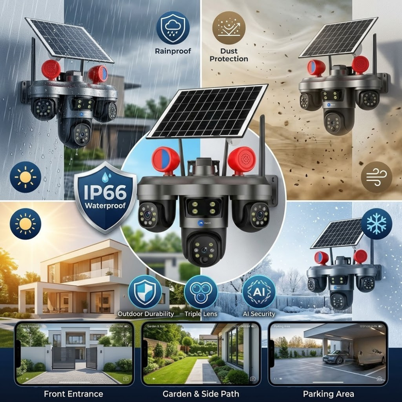 Maizic Smarthome TRIGENIE Siren Solar Wi-Fi Triple Lens 5MP×3 AI PTZ Security Camera | 360° Outdoor Surveillance | Triple Screen Monitoring | Color Night Vision | Human Detection | 2-Way Talk | IP66 Waterproof (Black)