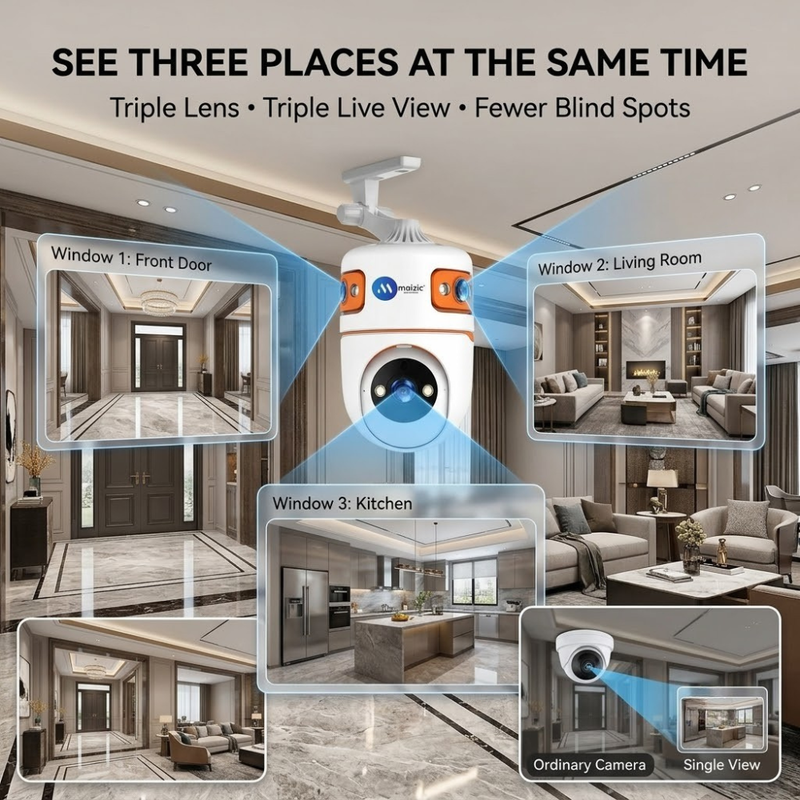 Maizic Smarthome TRIGENIE 15MP (5MP×3) WiFi Indoor CCTV Camera | Triple Lens Triple Screen Security Camera | AI Motion & Human Detection | Full Color Night Vision | Two-Way Audio | Mobile App Remote Access | Supports 128GB microSD