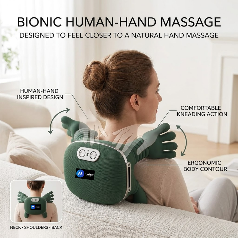 Maizic Smarthome Bionic Heated Neck & Back Massager with 4D Deep Tissue Kneading, Wireless Portable Shiatsu Massager with Simulated Human Hand Massage, Heat Therapy for Shoulder, Neck, Back & Muscle Relaxation – Green