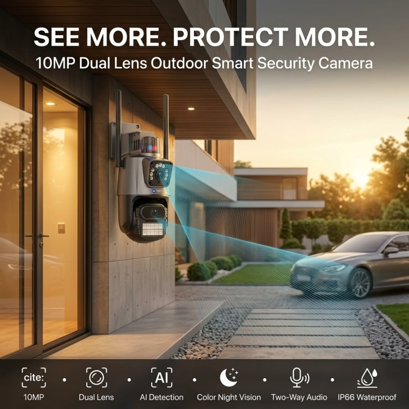 Maizic Smarthome Supercam TwinView 10MP Dual Lens Outdoor WiFi CCTV Camera | Watch Two Views at Once | 360° Pan Tilt + Fixed Lens | AI Human Detection | Full Color Night Vision | Two-Way Intercom | IP66 Waterproof