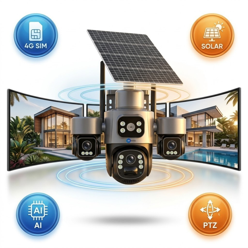 Maizic Smarthome Ultragenie 4G Solar Triple Lens CCTV Camera | 5MP×3 (15MP) AI Triple PTZ | Triple Screen View | 360° Outdoor Security Camera | Color Night Vision | Human Detection | 2-Way Audio | IP66 Waterproof