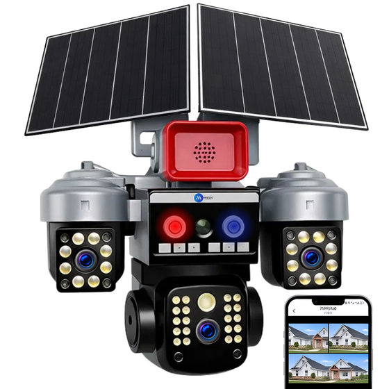Maizic Smarthome Batman Siren 4G Dual Solar Panel Outdoor CCTV Camera | Triple (Lens/Screen) 5MP×3 UHD | Manual Side Cameras Rotation | 360° View | Color Night Vision | 2-Way Audio | Motion Detection