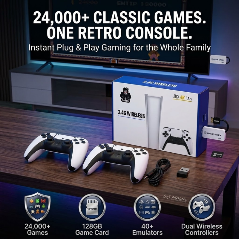 Maizic Smarthomes M15 Retro Game Console Stick | 24,000+ Built-in Games | 4K HDMI TV Gaming Console | 128GB TF Card | Dual 2.4G Wireless Controllers | Plug & Play | Multiplayer Classic Arcade Gaming System