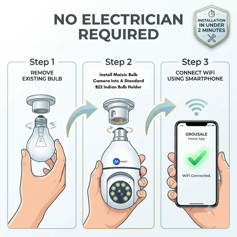 Maizic Smarthome 5MP WiFi Indian Bulb CCTV Camera | 360° Pan & Tilt Auto Tracking | Full Color Night Vision | Two-Way Audio | Remote Mobile Viewing | Easy B22 Bulb Holder Installation | 24/7 Home Security