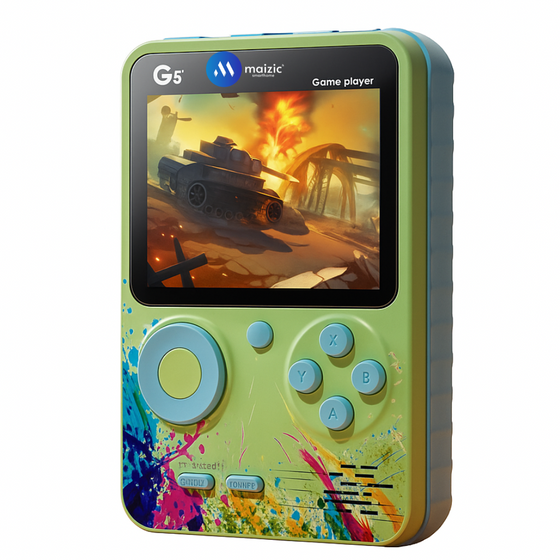 Maizic Smarthome G5 Green Handheld Game Console with 500 built-in games. 3-inch display, single-player, rechargeable, portable – ideal gaming gift for kids.