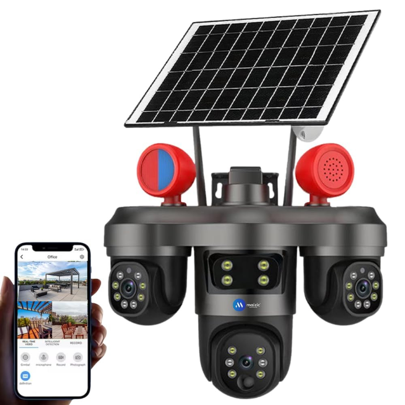 Maizic Smarthome TRIGENIE Siren Wi-Fi Solar Black 5MP×3 FHD Triple Lens AI PTZ Outdoor Security Camera | 360° Pan View | Color Night Vision | Human Detection | 2-Way Audio | IP66 Waterproof