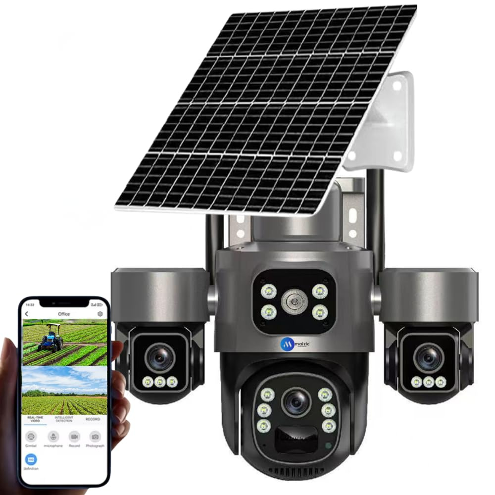 Maizic Smarthome Ultragenie 4G Solar 5MP×3 FHD 3 Lens/3 Screen AI Triple PTZ Outdoor CCTV Camera | 360° View | Color Night Vision | Human Detection | 2-Way Audio | IP66 Waterproof