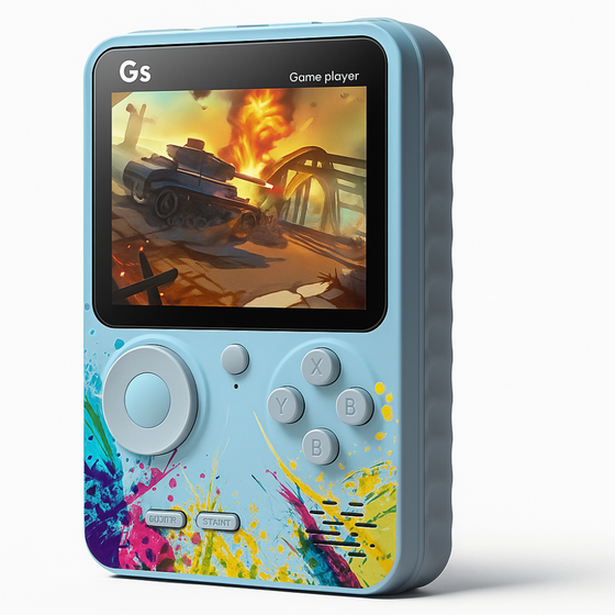 Maizic Smarthome G5 Blue Retro Handheld Game Console with 500 built-in games, 3-inch screen, TV connection, and rechargeable battery. Ideal gift for kids and classic game fans.