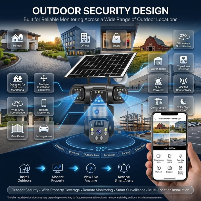 Maizic Smarthome Batman Solar 4G SIM Outdoor CCTV Camera 5MP×3 Triple Lens | AI PTZ Security Camera | Triple Screen Live View | Color Night Vision | Human Detection | Two-Way Audio | Solar Powered | Black