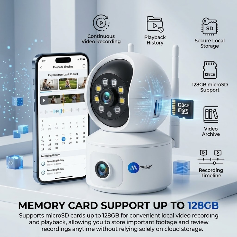 Maizic Smarthome SuperCam 4G Indoor Security Camera | 4+4MP Dual Lens Full HD CCTV Camera Without WiFi | Dual Screen Live View, AI Motion Detection, Color Night Vision, Two-Way Audio, Remote Mobile Access, Supports Up to 128GB microSD