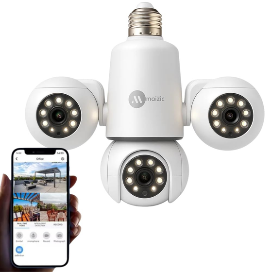 Maizic Smarthome Trion Bulb 5+5+5MP FHD Triple Lens WiFi CCTV Camera | Manual Side Rotation | 360° View | Color Night Vision | AI Human Detection | Two-Way Audio | Indoor Security | TF Card Support