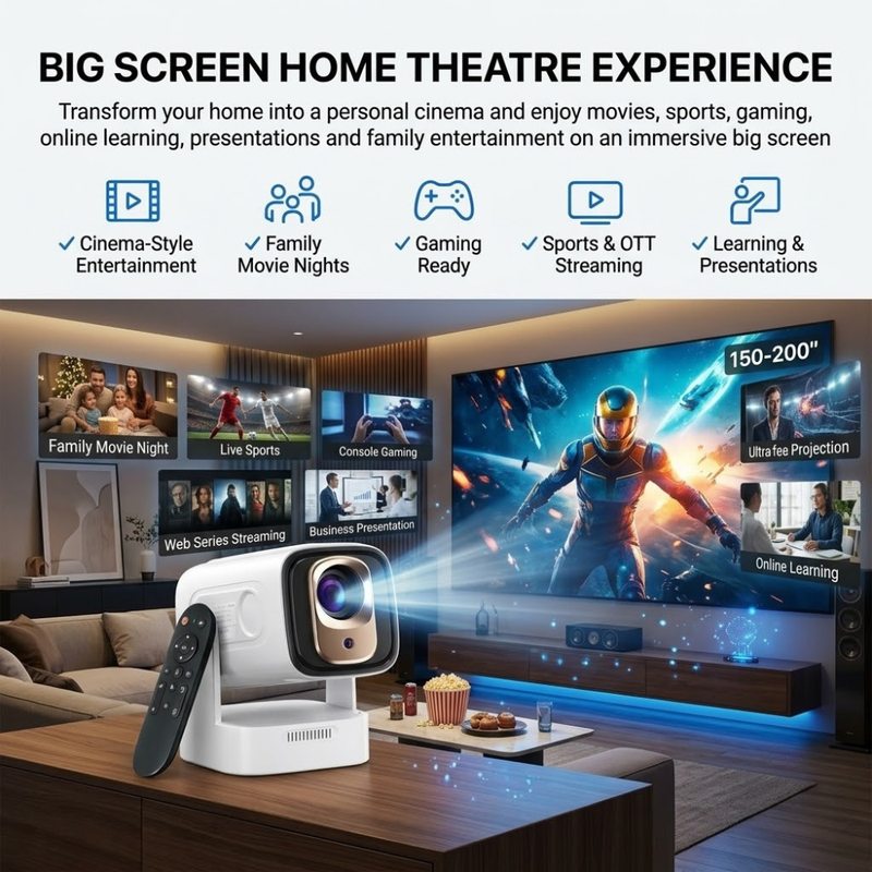 Maizic Smarthome CineGo Max View Smart LED Projector | Native 1080P Full HD | 4K Support | 14000 Lumens | Short Throw Projection | WiFi 6 & Bluetooth 5.4 | Android OS | Auto Focus & Auto Keystone | Netflix, Prime Video & Hotstar