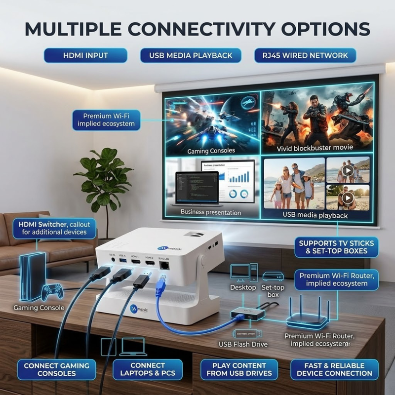 Maizic Smarthome Tej PRO Smart Home Theatre Projector | 12000 Lumens | 2K Support | WiFi & Bluetooth | Netflix, YouTube, Play Store | Zoom Adjustment, Miracast | HDMI, USB, RJ45 | Android & iOS