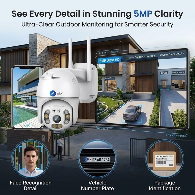 Maizic Smarthome Fox Smart 5MP WiFi Outdoor CCTV Camera | 360° PTZ Pan Tilt Zoom | 50m Color Night Vision | AI Motion Detection | Two-Way Audio | IP66 Weatherproof & Rain Resistant | SD Card Recording | Remote Live View (White)