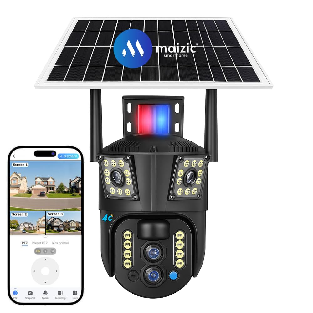 Maizic Smarthome Tricam 10X Opti-Zoom | 4G SIM Based Dual Lens + Triple Screen | 5MP Solar Powered Outdoor CCTV Camera | Built-in Battery | Farm & Agriculture Surveillance | 6 Months Warranty