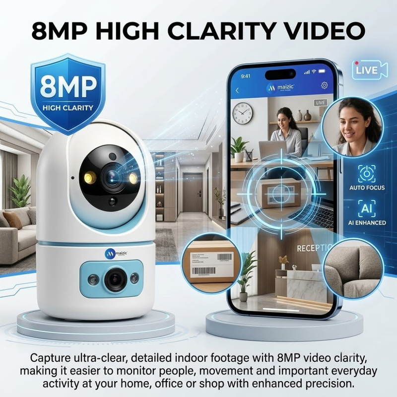 Maizic Smarthome PikaCam 8MP WiFi Indoor CCTV Camera for Home | 360° Pan & Tilt Security Camera | Color Night Vision, Motion Detection, Two-Way Audio, Mobile App Remote Access, Smart Home Camera
