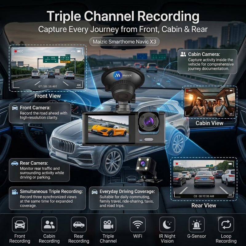 Maizic Smarthome Navik Pro Dash Triple Camera for Car | 3-Channel 5MP 1296P Front, Rear & Inside Cabin Recording | Wi-Fi | 2-Inch Display | Night Vision | WDR | G-Sensor | Loop Recording | Parking Mode
