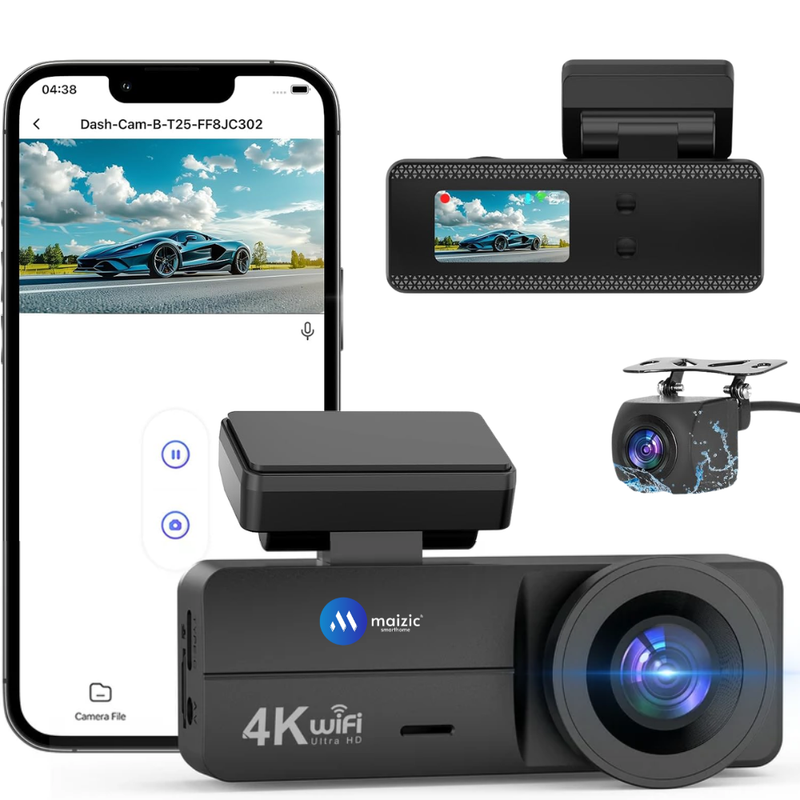 Maizic Smarthome 4K Front & 1080P Rear Dual Dash Cam for Car, Built-in WiFi, Voice Prompts, Super Night Vision, 64GB SD Card Support, 24H Parking Monitoring, G-Sensor & Loop Recording