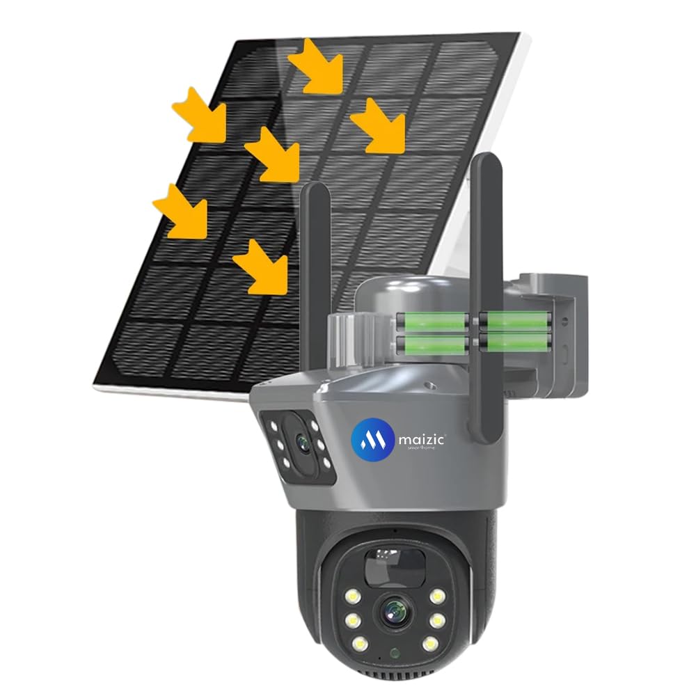 Maizic Smarthome Supercam Solar Powered Wi-Fi Camera 5MP Dual Lens/Dual-Screen FHD Colored Night Vision, AI Humanoid Detection, PTZ Remote Control, 360° View, Two Way Audio IP66 Waterproof Security Camera