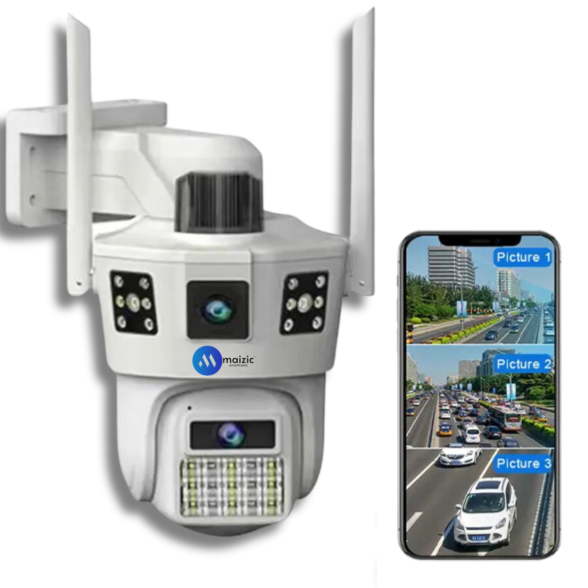 Maizic Smarthome 2K FHD 2 Lens+3 Screen Wireless Wifi Security Camera ...