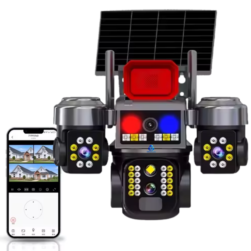 Renewed Maizic Smarthome Batman Siren 4G Solar Triple Lens CCTV Camera | 3×3MP UHD | Outdoor Security | Manual Side Rotation | Color Night Vision | Human Detection | Two-Way Audio | IP67 Waterproof