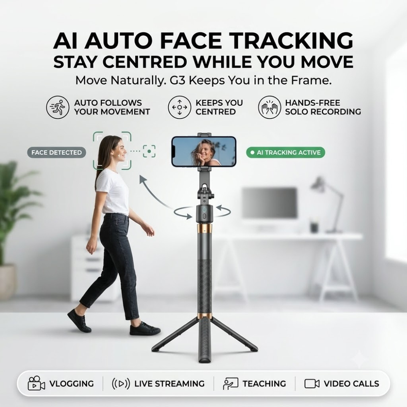 Maizic Smarthome Gimbal Camera G3 70-Inch AI Auto Face Tracking Tripod for Smartphone, 360° Rotation, Gesture Control, Gimbal Stabilizer & Selfie Stand for Live Streaming, Vlogging & Content Creation