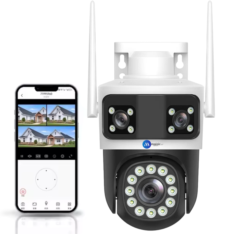 Maizic Smarthome Tricam 4G White 5MP x 3 UHD Triple Lens/Triple Screen Outdoor CCTV Camera | Color Night Vision | AI Human Detection | 2-Way Audio | IP66 Waterproof Home Security Camera