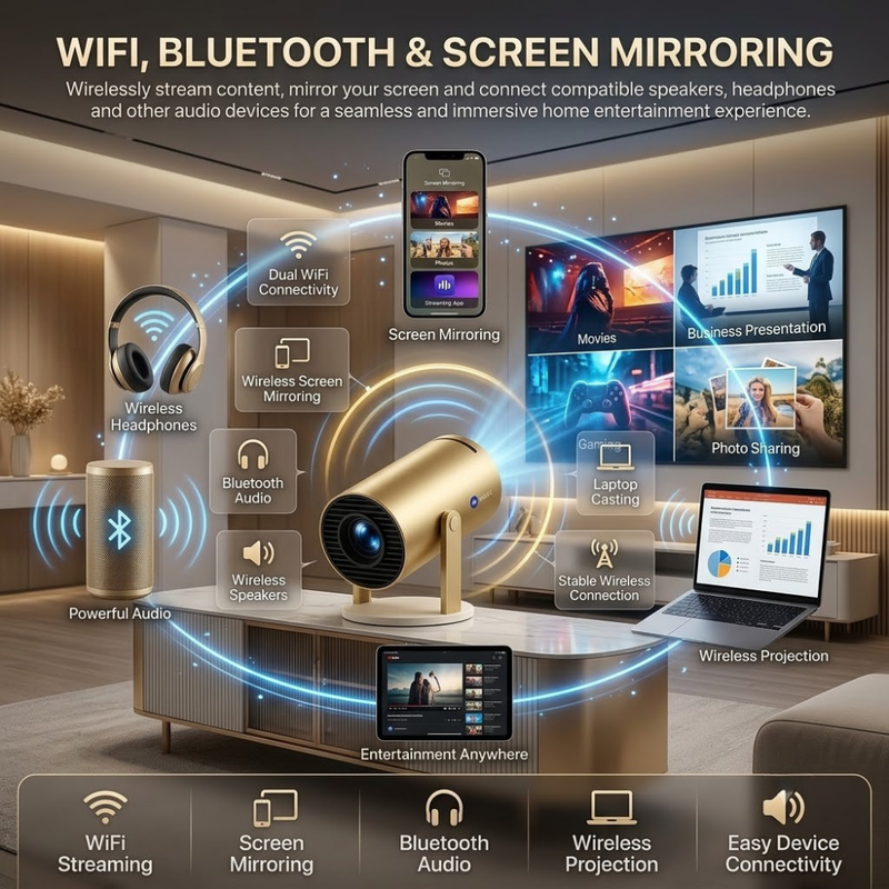 Maizic Smarthome Golden 2X Smart Projector | Android 13.0 OS | 950S High-Performance Chip | Native 800P HD | 1080P & 4K Supported | Auto Focus, 4D Keystone | Netflix, Prime Video, WiFi, Bluetooth & Screen Mirroring