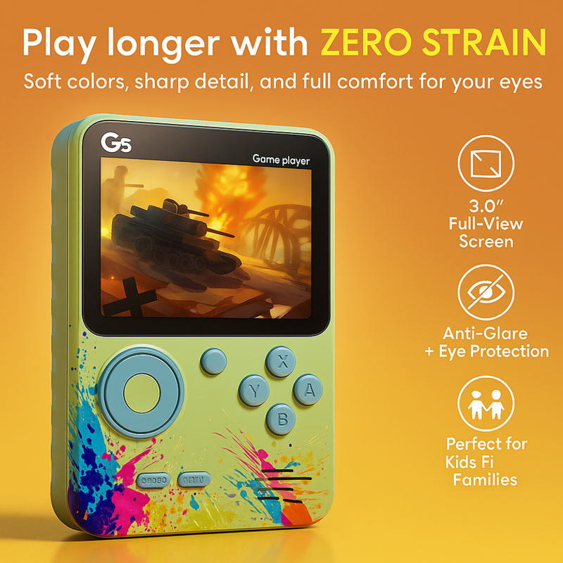 Maizic Smarthome G5 Green Handheld Game Console with 500 built-in games. 3-inch display, single-player, rechargeable, portable – ideal gaming gift for kids.