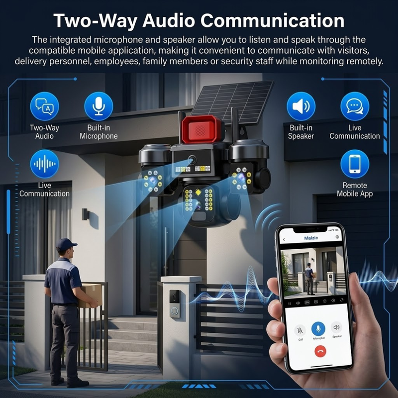 Maizic Smarthome Batman Siren 4G Solar CCTV Camera | 9MP (3×3MP) Triple Lens Outdoor Security Camera | 3-Screen View | AI Human Detection | Color Night Vision | Two-Way Audio | IP67 Waterproof | Remote Mobile Monitoring