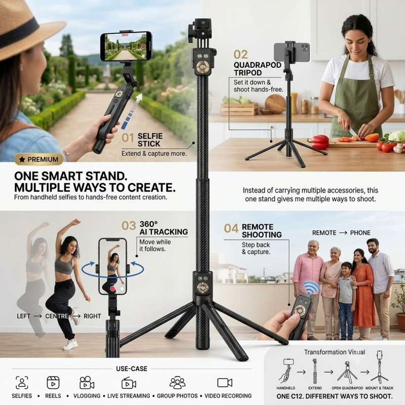 Maizic Smarthome Gimbal Camera G2 1.8M Selfie Tripod for Mobile Phone, 360° Auto Rotation AI Face Tracking Tripod with Remote Control, Quadrapod Stand & Adjustable Phone Holder for Reels, Vlogging & Video Recording