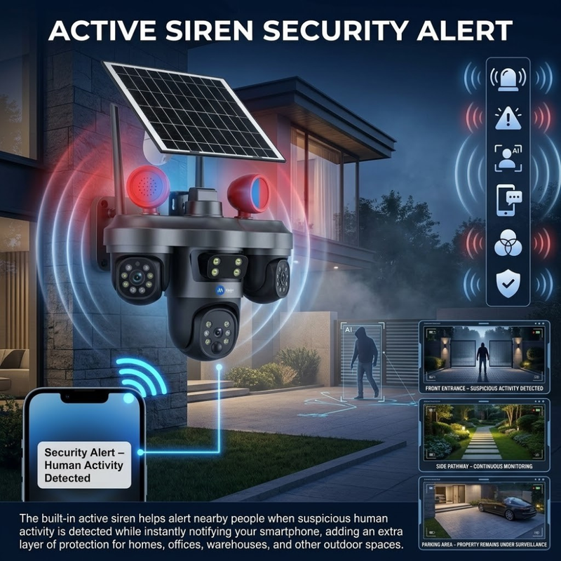 Maizic Smarthome TRIGENIE Siren Solar Wi-Fi Triple Lens 5MP×3 AI PTZ Security Camera | 360° Outdoor Surveillance | Triple Screen Monitoring | Color Night Vision | Human Detection | 2-Way Talk | IP66 Waterproof (Black)