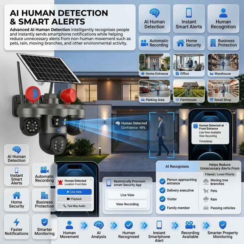 Maizic Smarthome TRIGENIE Siren 4G Solar Outdoor Security Camera | 15MP Triple Lens (5MP×3), Triple Screen Live View, 360° AI PTZ, Active Siren, Color Night Vision, Human Detection, Two-Way Audio, IP66