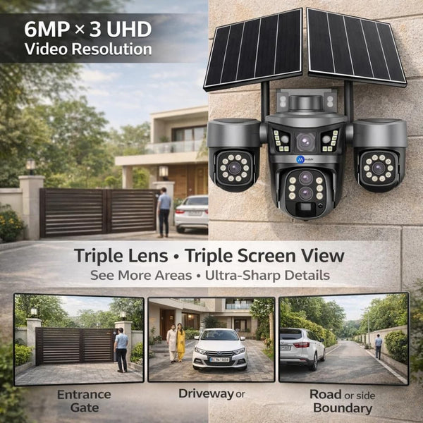Maizic Smarthome Trigenie 4G Dual Solar Panel 6MP*3 UHD Triple Lens/Screen Dual PTZ Outdoor CCTV | Left Camera Manually Rotation | 16K mAh Battery | Color Night Vision | 2-Way Audio | Motion Detection