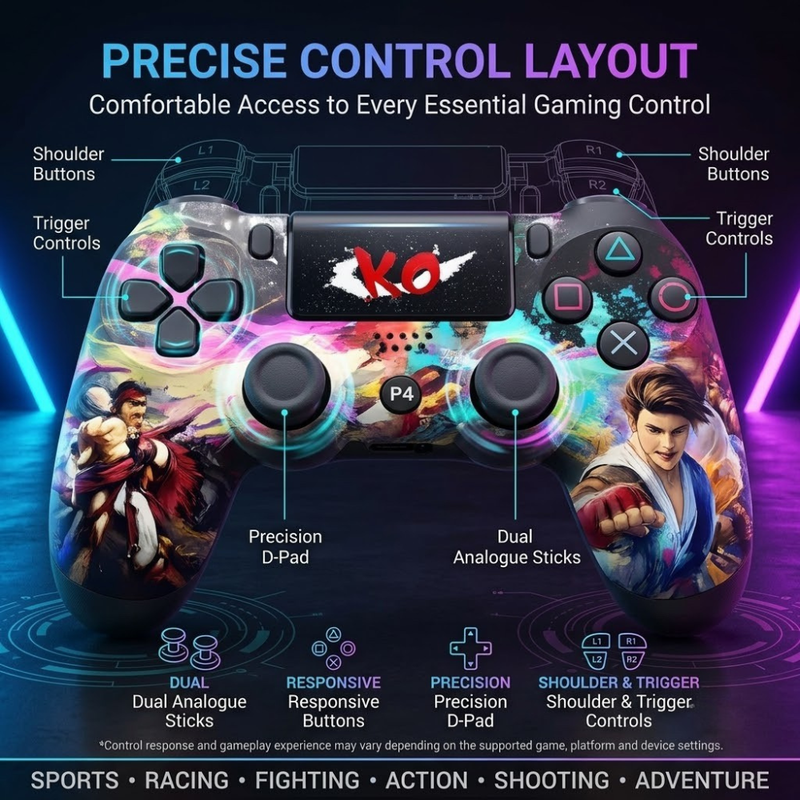 Maizic Smarthome Funetic Fighting Edition Wireless Bluetooth P4 Gaming Controller | Dual Vibration | Turbo Mode | Type-C Fast Charging | 10-Hour Battery | Compatible with PS4, PS4 Pro, PS4 Slim, PC & Android Smartphones