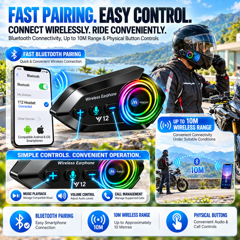 Maizic Smarthome Y12 Helmet Bluetooth Headset with HD Calling, 360° Surround Sound, Bluetooth 5.4, Noise Cancellation, IP67 Waterproof, Voice Assistant & Siri Support, Universal Helmet Compatibility