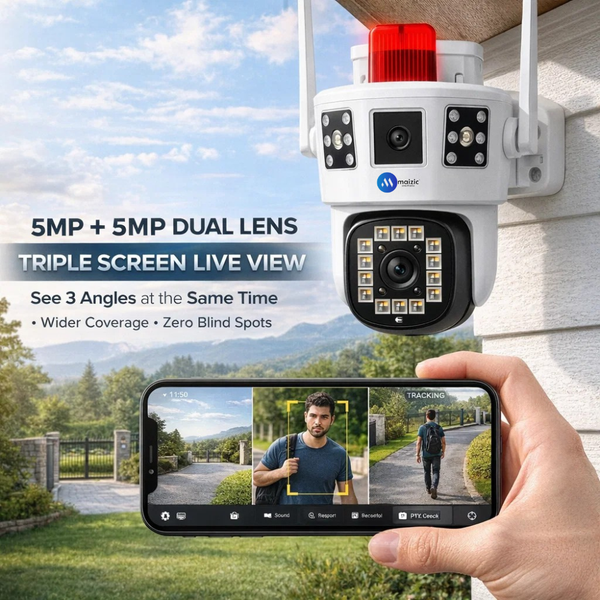 Maizic Smarthome Supercam White Shark WiFi Outdoor CCTV Camera | 5MP+5MP 2-Lens/3-Triple Screen View | AI Motion Detection | Color Night Vision | 360° PTZ | Ultra FHD | Two Way Audio | IP67