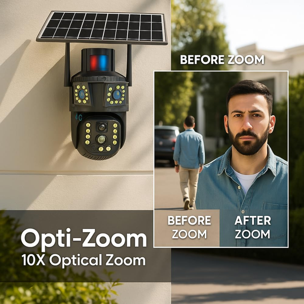 Maizic Smarthome Tricam 10X Opti-Zoom | 4G SIM Based Dual Lens + Triple Screen | 5MP Solar Powered Outdoor CCTV Camera | Built-in Battery | Farm & Agriculture Surveillance | 6 Months Warranty