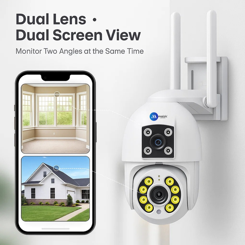 Maizic Smarthome SuperCam Dragonfly 5+5MP UHD Dual Lens/Screen WiFi Outdoor CCTV Camera for Home | Color Night Vision | Human Detection | Two-Way Audio | IP66 Waterproof Security Camera