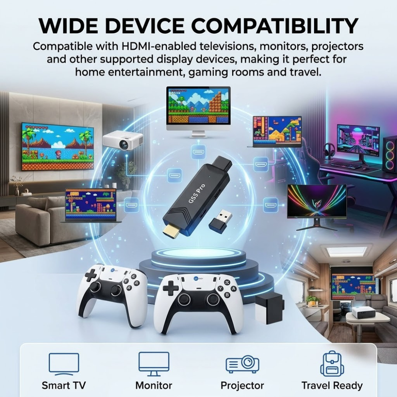 Maizic Smarthome GS5 Pro 4K Retro Gaming Stick | 30000+ Built-in Games | 53 Emulators | Wireless Plug & Play HDMI Console | Includes 2 Wireless Controllers | For TV, PC & Projector